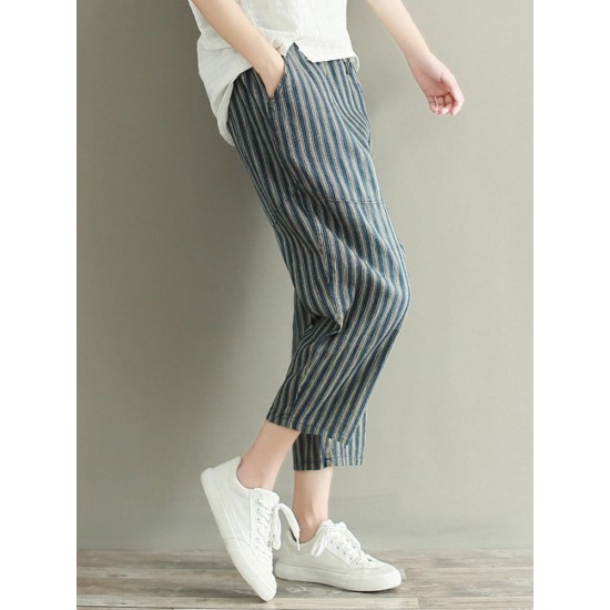 Casual Loose Stripe Drawstring Waist Women Pants