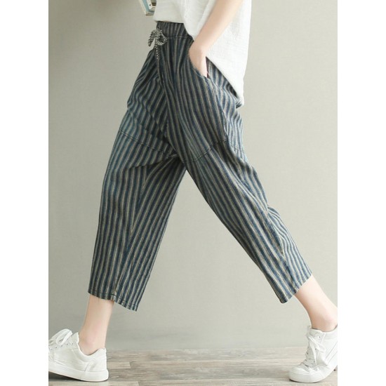 Casual Loose Stripe Drawstring Waist Women Pants