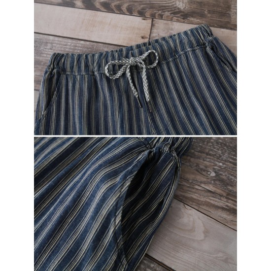 Casual Loose Stripe Drawstring Waist Women Pants