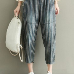 Casual Loose Stripe Drawstring Waist Women Pants