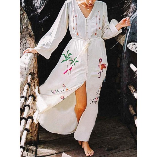 Casual Women Button Down Long Sleeve Boho Maxi Dress