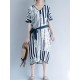 Casual Women Cotton Loose Printed V-Neck Dress with Belt