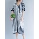 Casual Women Cotton Loose Printed V-Neck Dress with Belt
