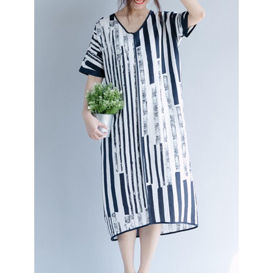 Casual Women Cotton Loose Printed V-Neck Dress with Belt