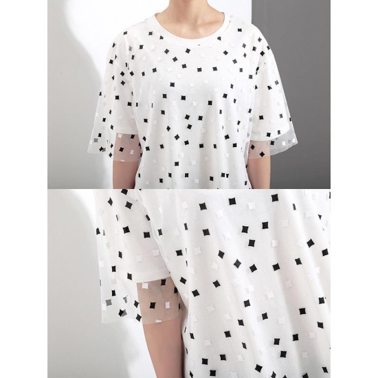 Casual Women Fake Two Pieces Polka Dot O-Neck Short Sleeve Dress