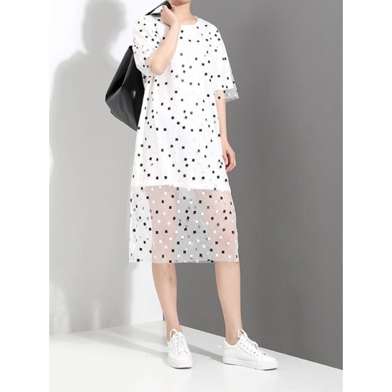 Casual Women Fake Two Pieces Polka Dot O-Neck Short Sleeve Dress