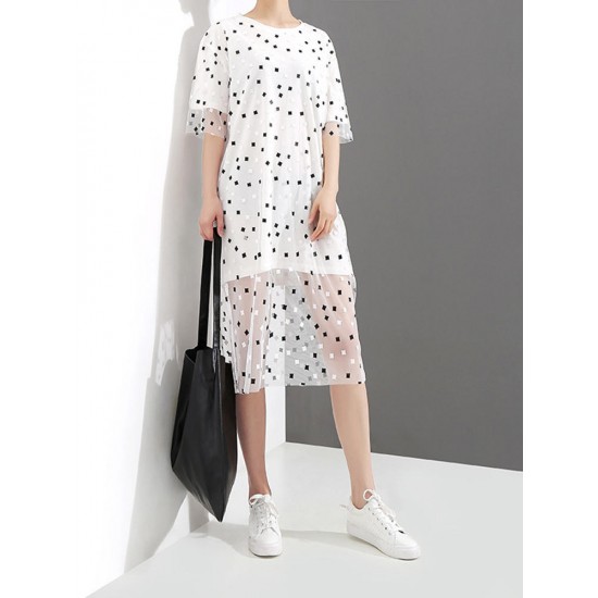 Casual Women Fake Two Pieces Polka Dot O-Neck Short Sleeve Dress