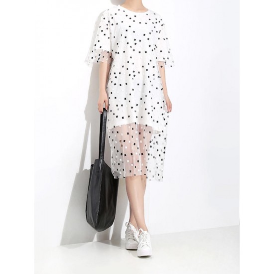 Casual Women Fake Two Pieces Polka Dot O-Neck Short Sleeve Dress