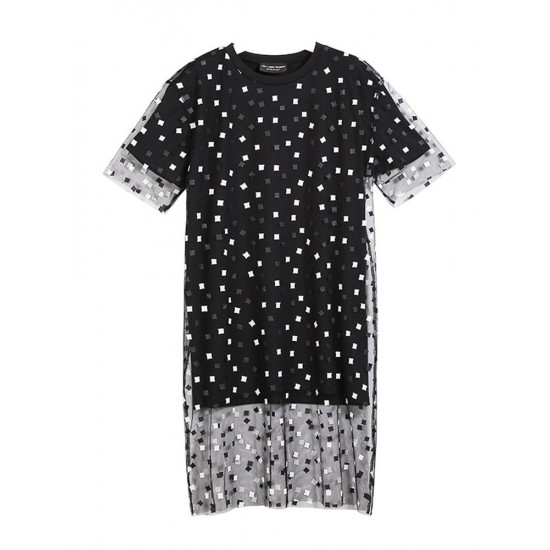 Casual Women Fake Two Pieces Polka Dot O-Neck Short Sleeve Dress