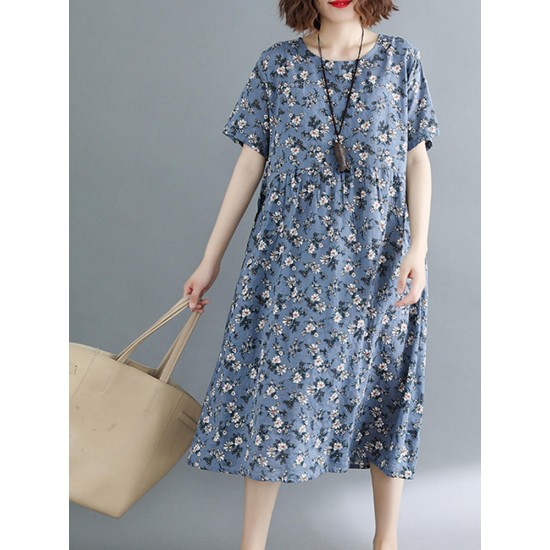 Casual Women Floral Printed Loose O-Neck Dress