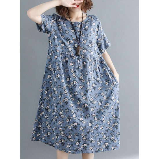 Casual Women Floral Printed Loose O-Neck Dress