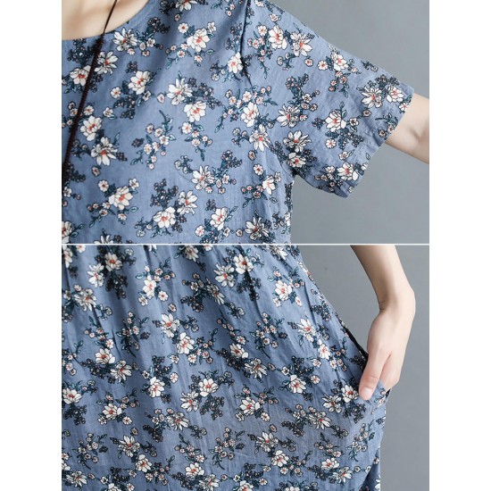 Casual Women Floral Printed Loose O-Neck Dress