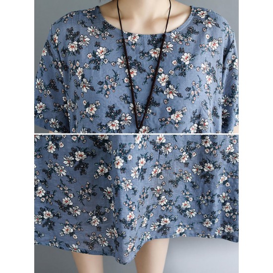 Casual Women Floral Printed Loose O-Neck Dress