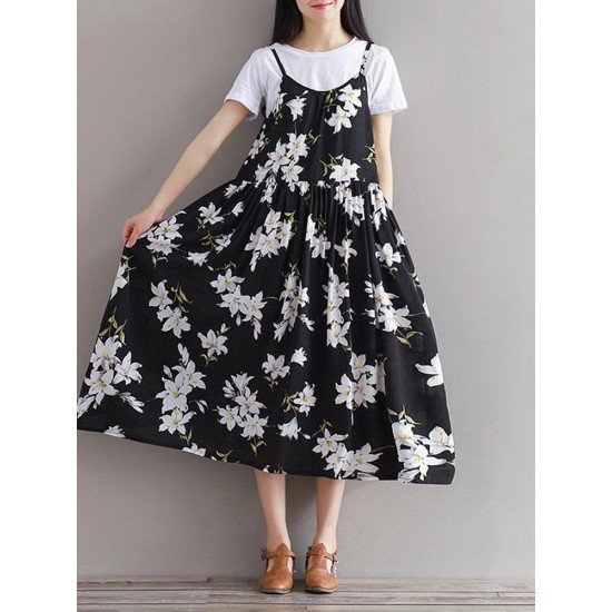 Casual Women Loose Floral Print O-Neck Strap Chiffon Dress