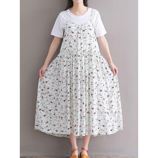 Casual Women Loose Floral Print O-Neck Strap Chiffon Dress