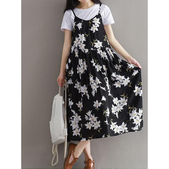 Casual Women Loose Floral Print O-Neck Strap Chiffon Dress