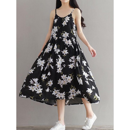 Casual Women Loose Floral Print O-Neck Strap Chiffon Dress