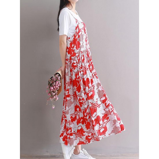 Casual Women Loose Floral Print O-Neck Strap Chiffon Dress