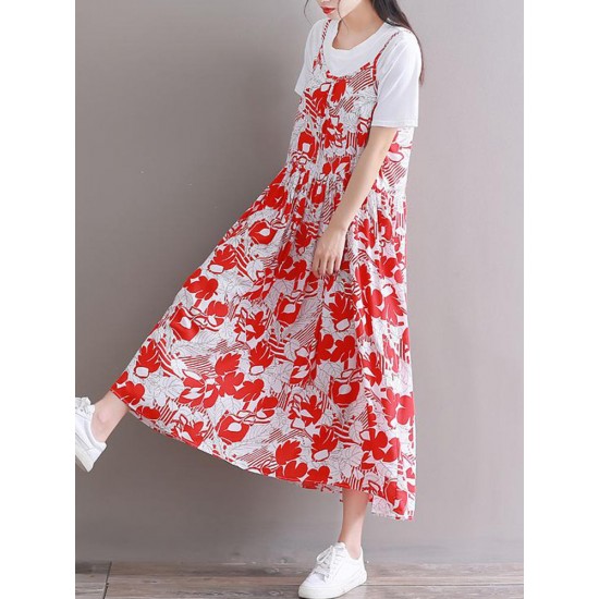 Casual Women Loose Floral Print O-Neck Strap Chiffon Dress