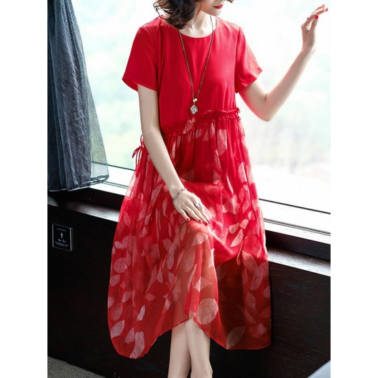 Casual Women Patchwork Printed Short Sleeve O-Neck Lace Dress