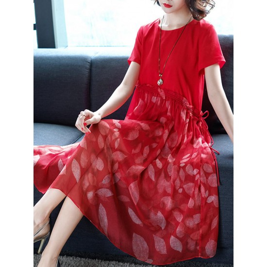 Casual Women Patchwork Printed Short Sleeve O-Neck Lace Dress