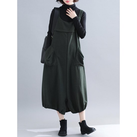 Casual Women Sleeveless Straps Pocket Loose Mid-long Dress