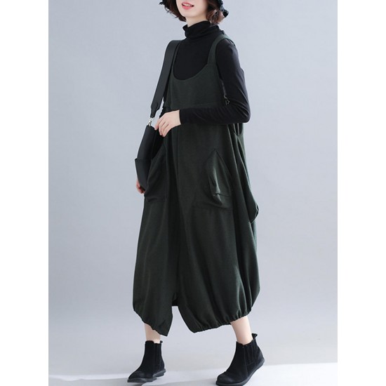 Casual Women Sleeveless Straps Pocket Loose Mid-long Dress