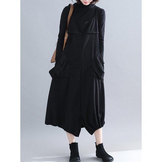 Casual Women Sleeveless Straps Pocket Loose Mid-long Dress