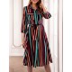 Casual Women Striped 3/4 Sleeve Button Dress with Pockets