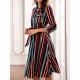Casual Women Striped 3/4 Sleeve Button Dress with Pockets
