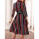 Casual Women Striped 3/4 Sleeve Button Dress with Pockets