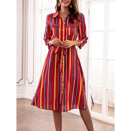 Casual Women Striped 3/4 Sleeve Button Dress with Pockets