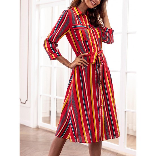 Casual Women Striped 3/4 Sleeve Button Dress with Pockets