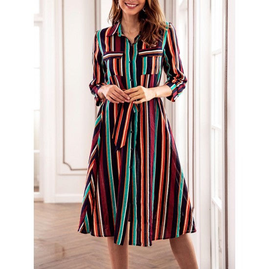 Casual Women Striped 3/4 Sleeve Button Dress with Pockets