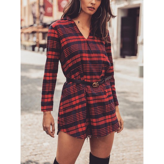 Casual Women V-Neck Plaid Long Sleeve Mini Dress with Pocket