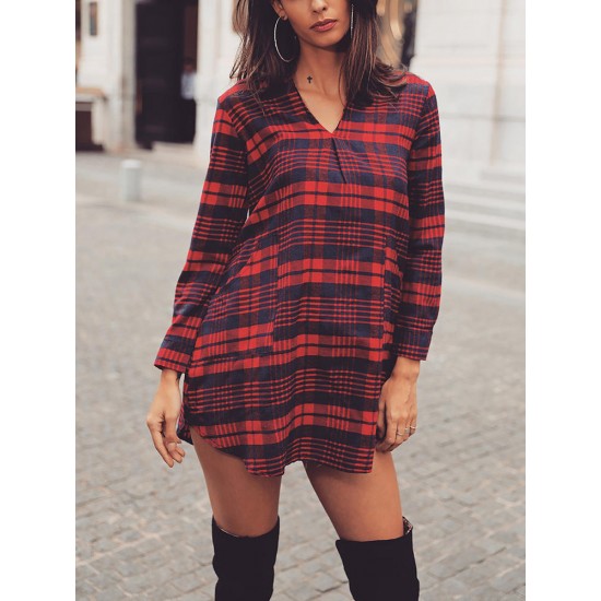 Casual Women V-Neck Plaid Long Sleeve Mini Dress with Pocket