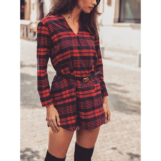 Casual Women V-Neck Plaid Long Sleeve Mini Dress with Pocket