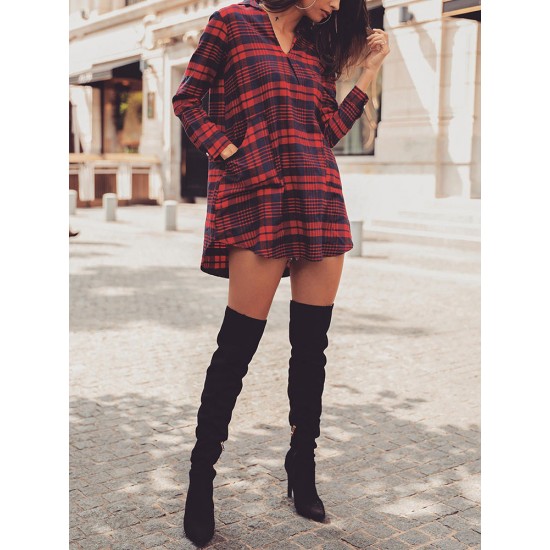 Casual Women V-Neck Plaid Long Sleeve Mini Dress with Pocket