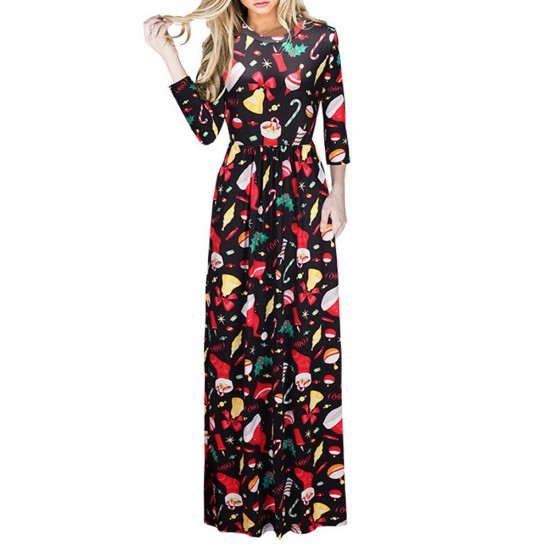 Christmas Casual Women Printed Long Sleeve Loose Maxi Dresses