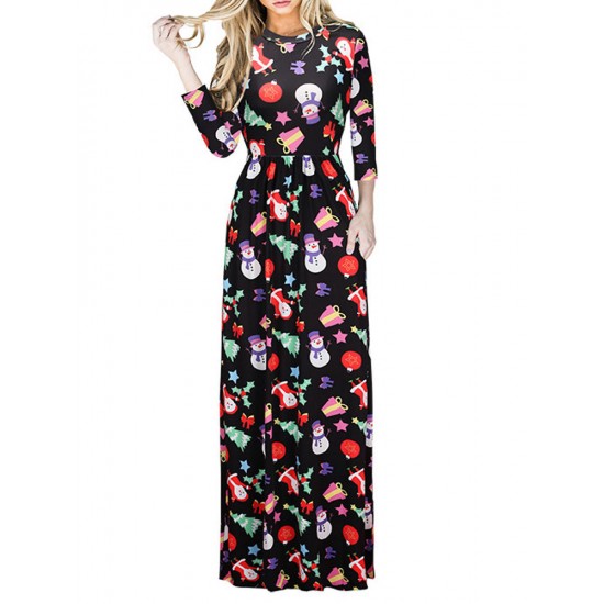 Christmas Casual Women Printed Long Sleeve Loose Maxi Dresses