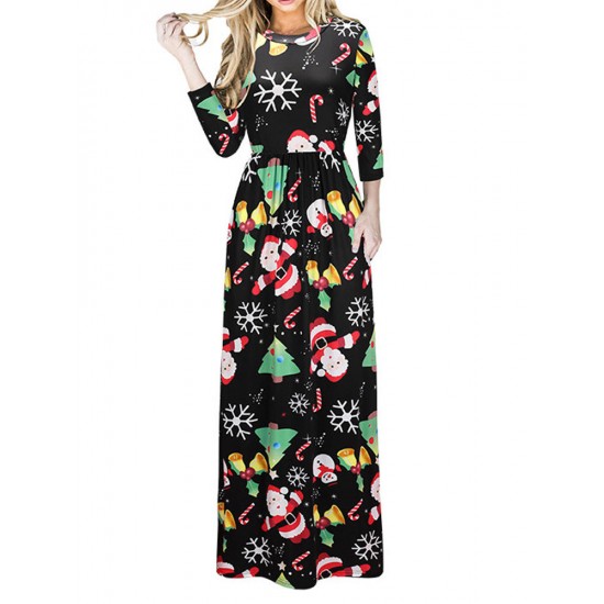 Christmas Casual Women Printed Long Sleeve Loose Maxi Dresses