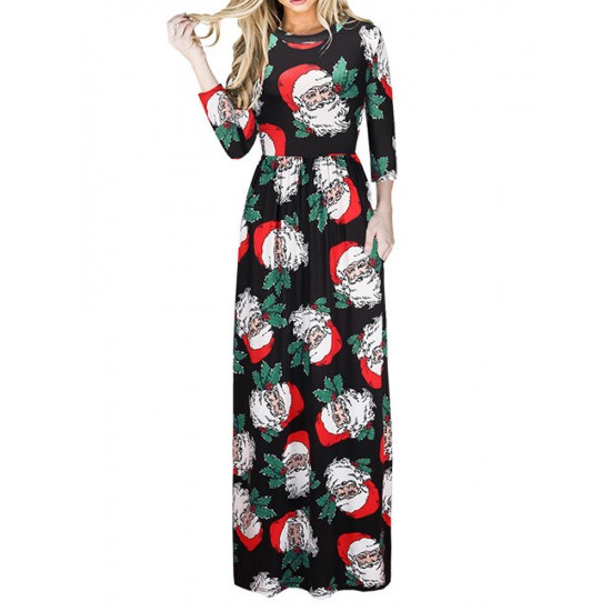 Christmas Casual Women Printed Long Sleeve Loose Maxi Dresses