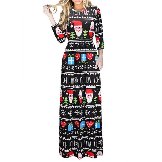 Christmas Casual Women Printed Long Sleeve Loose Maxi Dresses