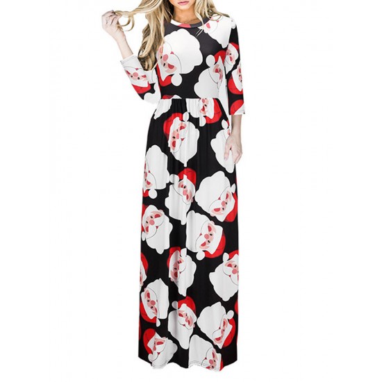 Christmas Casual Women Printed Long Sleeve Loose Maxi Dresses