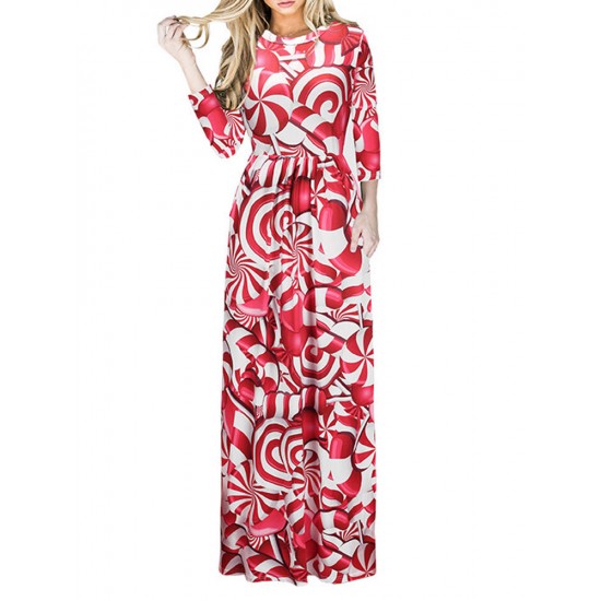 Christmas Casual Women Printed Long Sleeve Loose Maxi Dresses