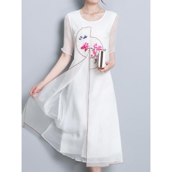 Elegant Women Fake Two Pieces Short Sleeve O-Neck Chiffon Dress