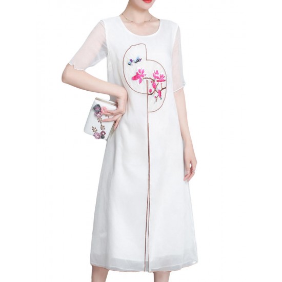 Elegant Women Fake Two Pieces Short Sleeve O-Neck Chiffon Dress