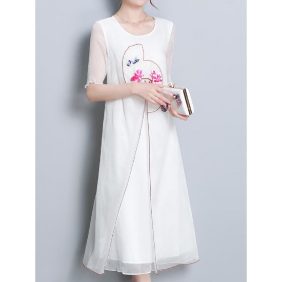 Elegant Women Fake Two Pieces Short Sleeve O-Neck Chiffon Dress