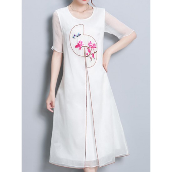 Elegant Women Fake Two Pieces Short Sleeve O-Neck Chiffon Dress