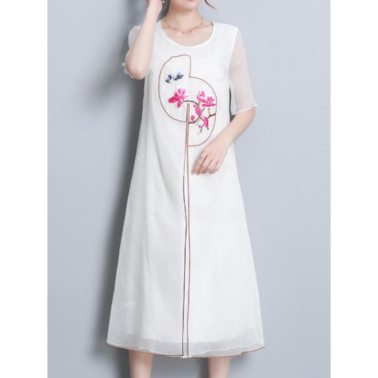 Elegant Women Fake Two Pieces Short Sleeve O-Neck Chiffon Dress